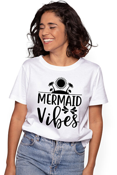 StoryGift Romania Tricou Femei Cu Ilustratie Afisand O Insula Si Textul "mermaid Vibes" - Sirena T Wht_m