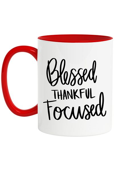 StoryGift Romania Cana Cu Textul "blessed, Thankful, Focused" - Binecuvantat Recunoscator Concentr, Cu Maner Rosu Stg