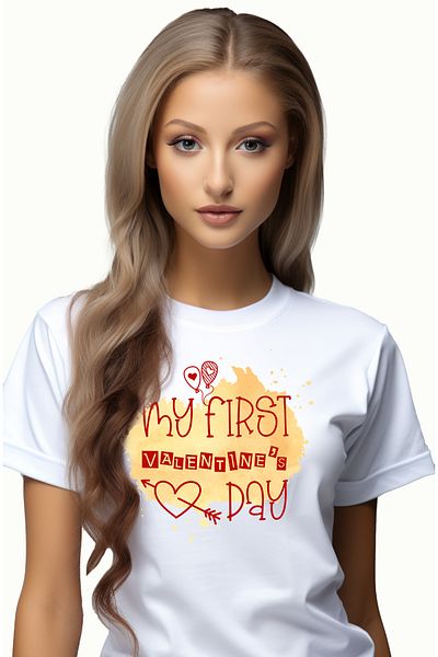StoryGift Romania Tricou Femei Cu Mesajul "my First Valentine's Day", Inima, Sageata, Galben, Prim Wht_l