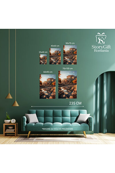StoryGift Romania Tablou Canvas: View Soare Stralucitor Drum Cu Pavele Cladire Stil Ateneu Pictura Digitala