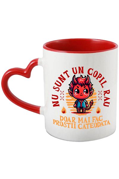 StoryGift Romania Cana Cu Diavol Cu Coarne Text Nu Sunt Un Copil Rau Doar Mai Fac Prostii, Ceramic, Cu Maner Inim Stg