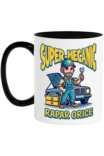 StoryGift Romania Cana Cu Barbat Cu Sapca Si Salopeta Albastra Masina In Lucru Text Super Mecanic , Cu Maner Negru Stg