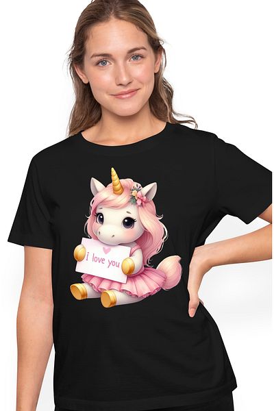 StoryGift Romania Tricou Femei Cu Un Unicorn Care Tine O Foaie Cu Mesajul "i Love You", Ilustratie Blk_l