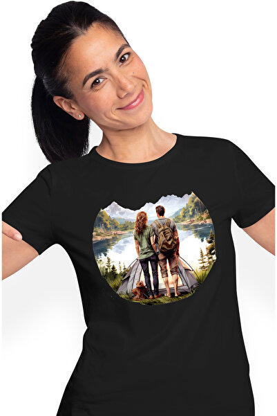 StoryGift Romania Tricou Femei Cu O Femeie Si Un Barbat Intr-o Padure, Lac In Fata, Cu Cortul, Cam Blk_m