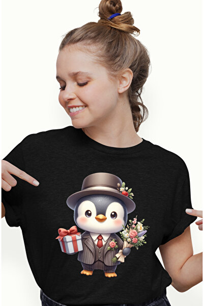 StoryGift Romania Tricou Femei Cu Un Pinguin Cu Un Buchet De Flori Si Un Cadou, Ilustratie, Palari Blk_l