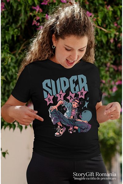 StoryGift Romania Tricou Femei Fata Gangster Text Super Star Distractie Cu Imprimeu Pe Fata, 100% Blk_l
