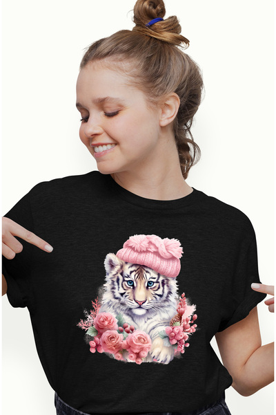 StoryGift Romania Tricou Femei Cu Un Pui De Tigru Cu Caciula, Ilustratie, Flo...