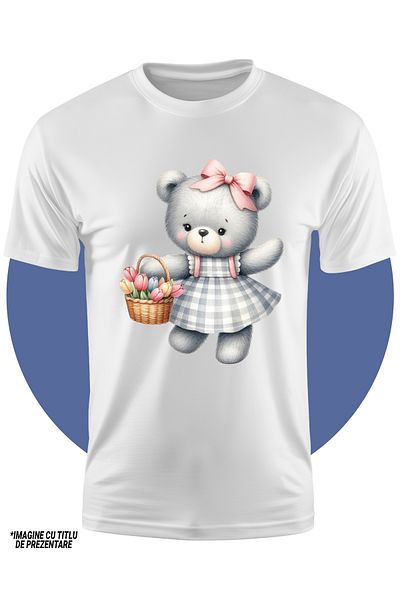 StoryGift Romania Tricou Copii Cu O Ursoaica In Rochie, Ilustratie, Tine Un Cos Cu Lalele, Cadou, Imbujorata