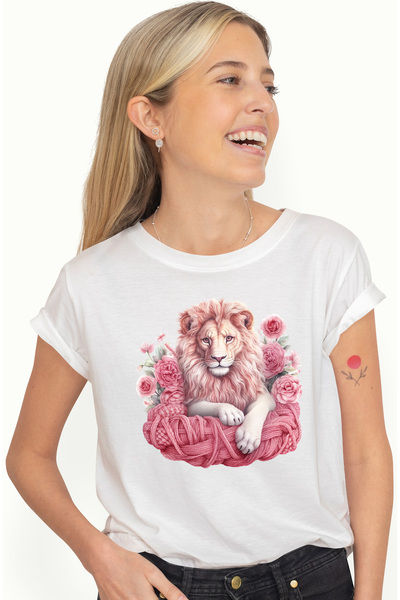 StoryGift Romania Tricou Femei Cu Un Leu, Ilustratie, Floricele, Roz, Lana, S...