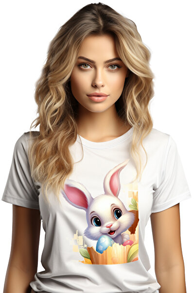 StoryGift Romania Tricou Femei Cu Un Iepuras Alb, Ilustratie, Oua Vopsite, Sarbatori Pascale, Frun Wht_l