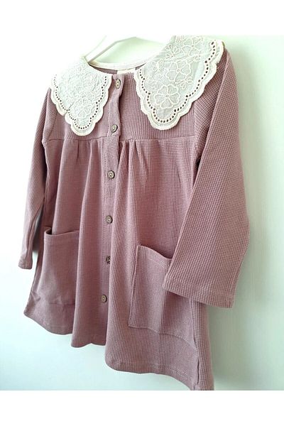 Nimini Kids Rochie de fetiță din țesătură cu vafe cu nasturi, cu guler din dantelă, de epocă Eid (mărimi pentru vârste între 2-8 ani)