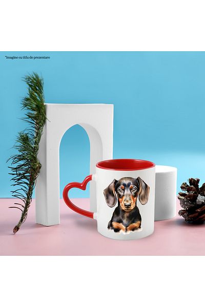 StoryGift Romania Mug with a curious Dachshund puppy | illustration | for dog lovers | neg, Cu,STG.