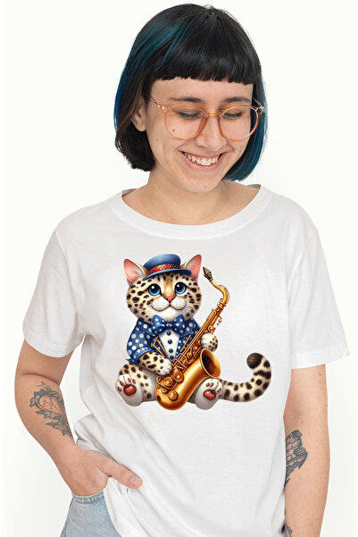 StoryGift Romania Tricou Femei Cu Un Pui De Ghepard Care Tine Un Saxofon, Ilu...