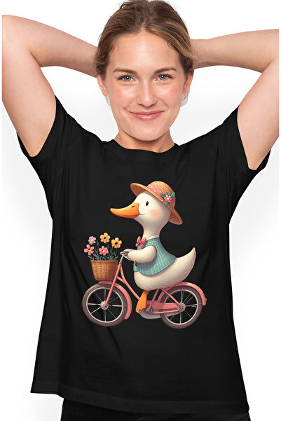 StoryGift Romania Tricou Femei Cu Un Gascan Care Merge Cu Bicicleta, Ilustratie, Cos Cu Flori, Cad Blk_l