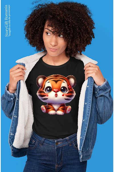 StoryGift Romania Women's T-shirt with a tiger cub giving a kiss, illustration, hearts, appreciation BLK_M,STG