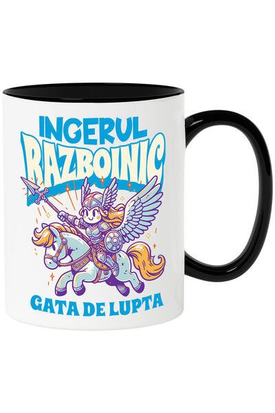StoryGift Romania Cana Cu Razboinica Cu Armura De Fier Pe Cal, Text Ingerul Razboinic Gata De Lupt, Cu Maner Negru Stg
