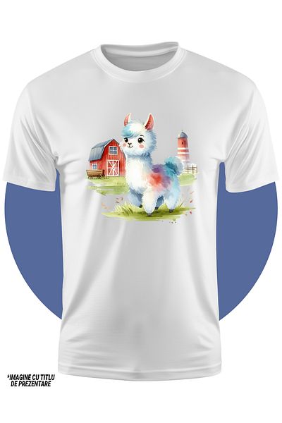 StoryGift Romania Tricou Copii Cu O Llama Surprinsa, Ilustratie, Hambar, Grajd, Verdeata, Iarba, Fericire, A