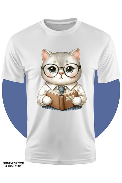StoryGift Romania Tricou Copii Cu Un Pisoi Care Tine O Carte, Ilustratie, Ochelari, Tocilar, Lectura, Invata