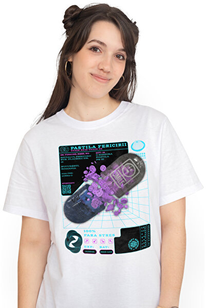 StoryGift Romania Tricou Femei Pastila Fericirii - 100% Fara Stres, Cu Imprimeu Pe Fata, 100% Bum Wht_m