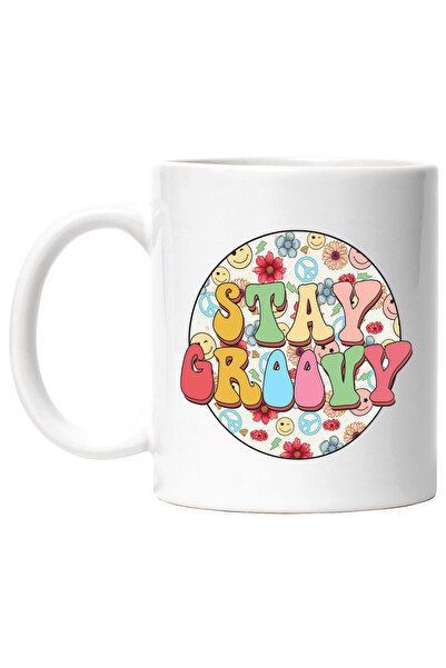 StoryGift Romania Cana Cu Mesajul "stay Groovy", Stilul Hippie, Cultura, Ilustratie, Psihedelic, F, Cu Maner Alb