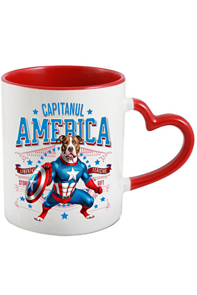 StoryGift Romania Mug with PITBULL Dog in Captain America Costume with Cape, Night Hero, With Heart Handle
