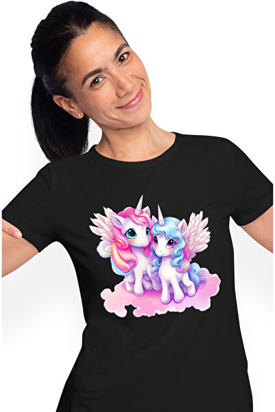 StoryGift Romania Tricou Femei Cu 2 Unicorni, Ilustratie, Zambesc, Aripi, Nor...