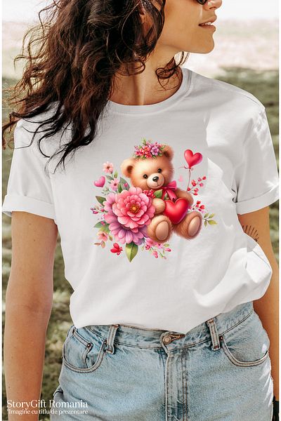 StoryGift Romania Tricou Femei cu un ursulet de plus, ilustratie, inimioare, floricele colorate, f WHT_L
