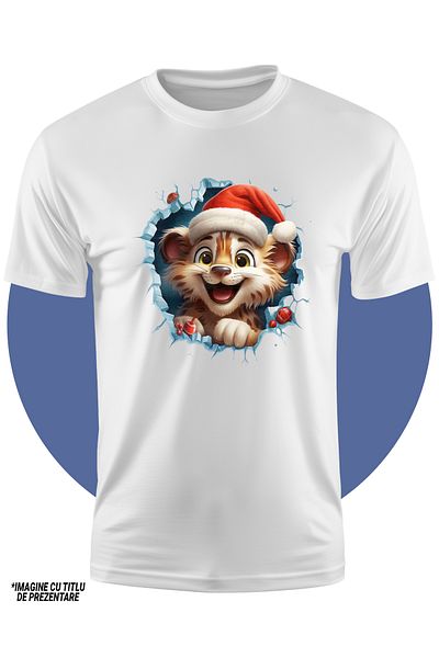StoryGift Romania Kids T-shirt with a tiger cub wearing a Christmas hat sticking its head out of a hole in the