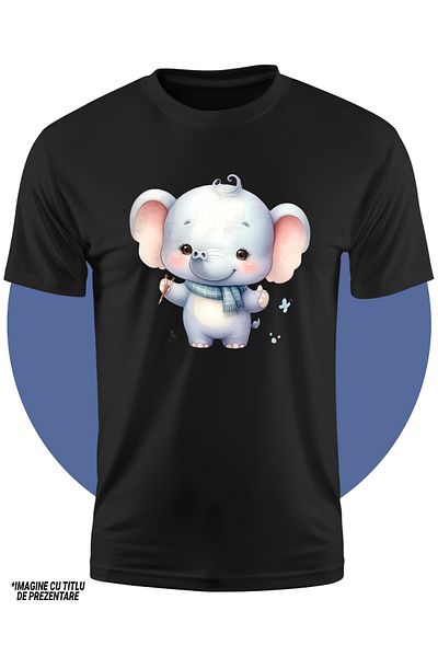StoryGift Romania Tricou Copii Cu Un Elefant Vesel, Cuminte, Curios, Imbujorat, Tine 2 Pensule In Mana, Anim