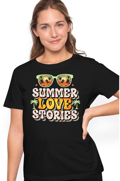 StoryGift Romania Tricou Femei Cu Mesajul "summer Love Stories", Vara, Vacanta, Relaxare, Concediu Blk_l