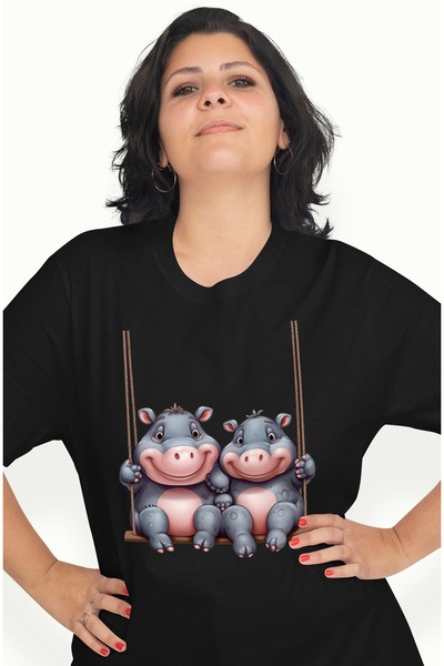 StoryGift Romania Tricou Femei Cu 2 Pui De Hipopotam Care Se Dau In Leagan, I...