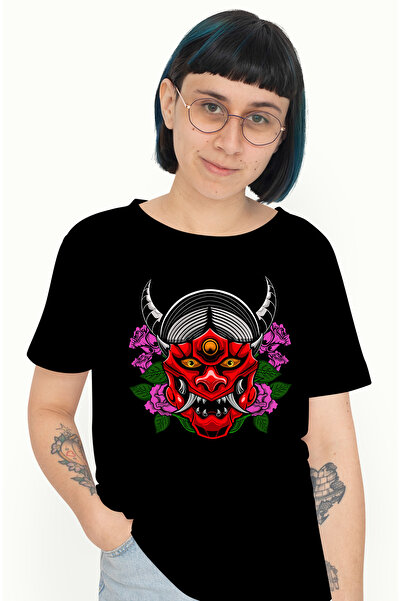 StoryGift Romania Tricou Femei Cu Masca Oni, Flori, Colti, Coarne, Demon, Asi...