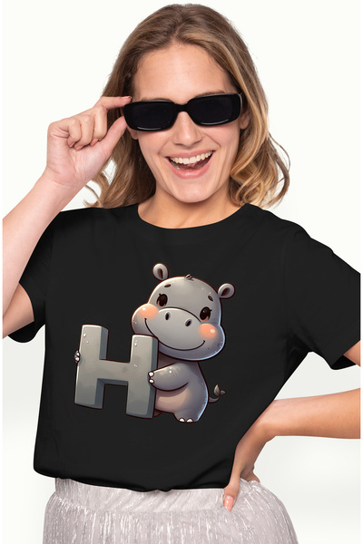 StoryGift Romania Tricou Femei Cu Hipopotam Cu Litera "h", Ilustratie, Pentru...