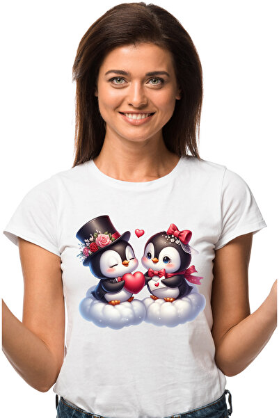 StoryGift Romania Tricou Femei Cu 2 Pinguini Care Stau Pe Nori, Ilustratie, Flori, Scrisoare, Plic Wht_l