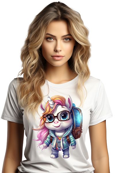 StoryGift Romania Tricou Femei Cu Un Unicorn Care Se Duce La Scoala, Ghiozdan, Ochelari, Tocilara, Wht_l