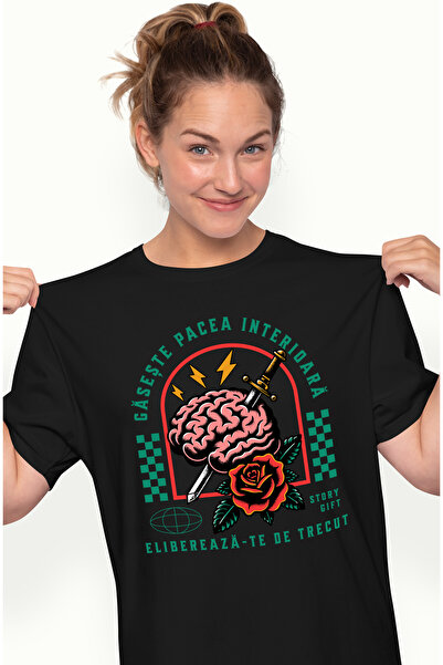 StoryGift Romania Tricou Femei Gaseste Pacea Interioara - Creier, Sabie, Floare (1), Cu Imprimeu Blk_l