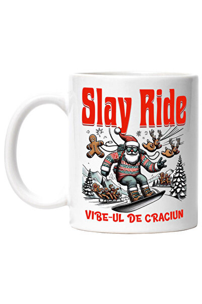 StoryGift Romania Cana Cu Mos Craciun Cu Pulover Haios Pe Placa Snowboard Text Slay Ride Vibe-ul D, Cu Maner Alb Stg