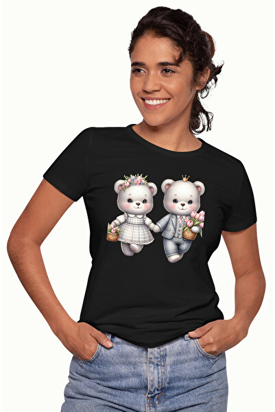 StoryGift Romania Tricou Femei Cu O Ursoaica Si Un Urs Care Se Tin De Mana, Ilustratie, Flori, Lal Blk_l