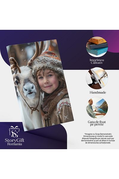 StoryGift Romania Tablou Canvas: Baietelul Cu Ochii Sclipitori Si Fes Imbracat Gros Cu Renul Alb Langa El Bucuro