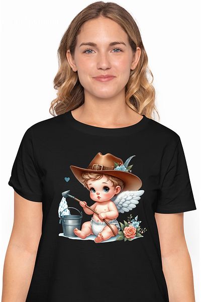 StoryGift Romania Women's T-shirt with a baby with angel wings, illustration, bucket, water, wet, f BLK_L,STG54613