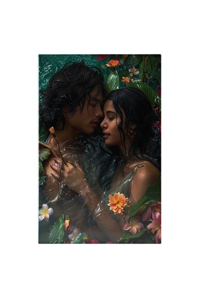 StoryGift Romania Tablou Canvas: Portret Cuplu Îmbrățișați În Apă Cu Flori- Fotografie Romantică Și Natură Pict