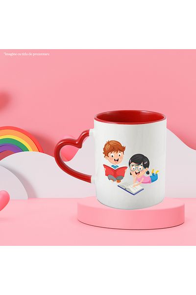 StoryGift Romania Cana Cu Copii, Carti, Citit, Lectura, Sosete, Clame, Multicolor 330 ml, Ceramica, Cu Maner Inim STG