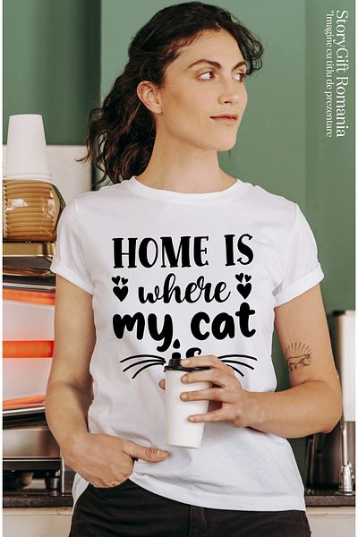 StoryGift Romania Tricou Femei Pentru Iubitorii De Pisici Cu Textul In Engleza "home Is Where My C Wht_l