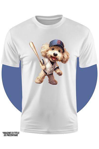 StoryGift Romania Tricou Copii Cu Un Catel Blanos Care Joaca Baseball, Ilustratie, Meci Greu, Competitie, Ba