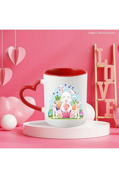 StoryGift Romania Cana Cu Iepure, Costum, Paste, Morcovi, Oua, Multicolor 330 Ml, Ceramica Cu Mane, Cu Maner Inim Stg