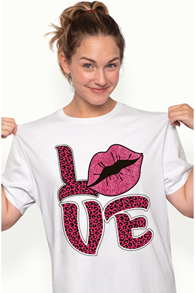StoryGift Romania Tricou Femei Cu Buze Roz Cu Mesajul "love", Iubire, Pupic, ...