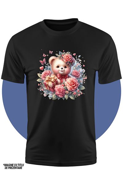 StoryGift Romania Tricou Copii Cu Un Ursulet De Plus, Ilustratie, Trandafiri, Flori, Cadou, Fluturi, Valenti