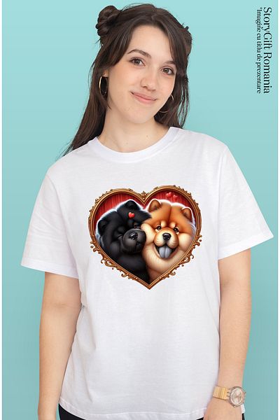 StoryGift Romania Tricou Femei Cu O Catelusa Si Un Caine Chow Chow, Ilustratie, Cadru In Forma De Wht_l