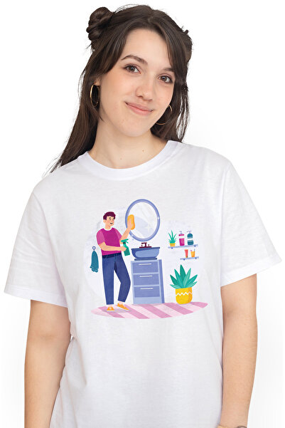 StoryGift Romania Tricou Femei Ilustrata Barbat Care Face Curatenie In Baie, ...