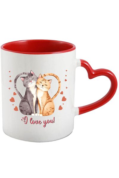 StoryGift Romania Mug with 2 close cats forming a heart with their tails with the message "I love, With, STG"